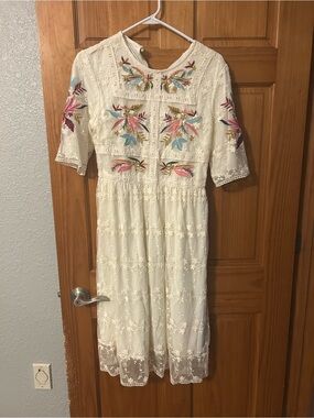 roolee embroidered dress Roolee Linen Embroidered Lace Oatmeal Midi